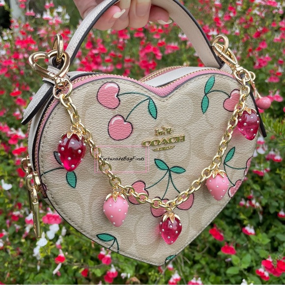 Heart Strawberry Bag Purse Charm Chain Swag Strap Hot Pink & Baby Pink Pearl - Picture 10 of 13